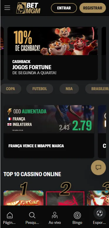 Página inicial da BetMGM com categorias de esportes, odds aumentadas para França x Inglaterra e jogos de cassino