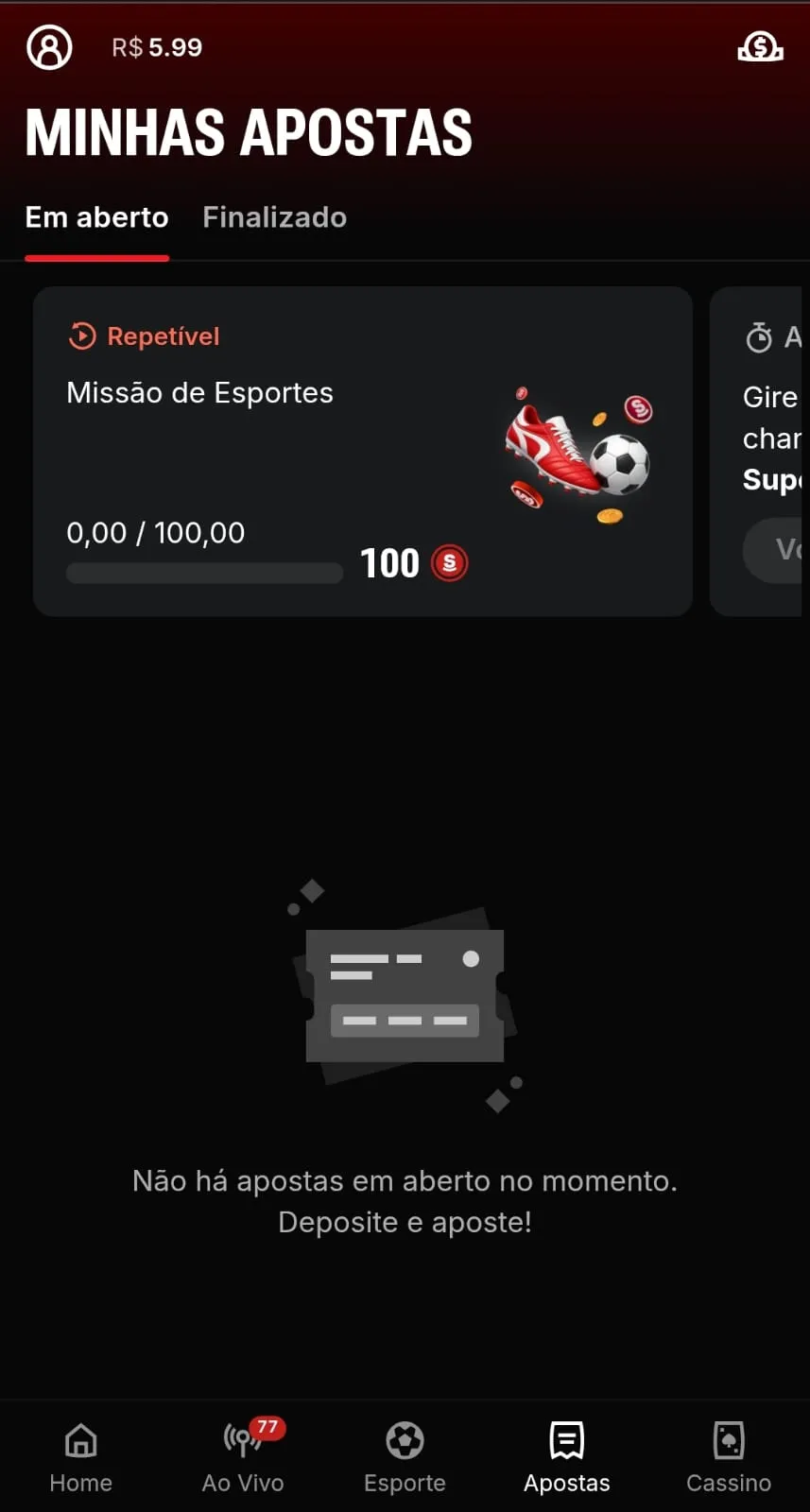 Seção de minhas apostas na Superbet com o banner na Missão de Esportes
Data: 03/08/2026