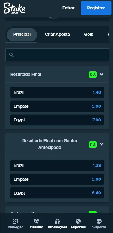 Mercado de Resultado Final com ganho antecipado na Stake para partida entre Brasil x Egito