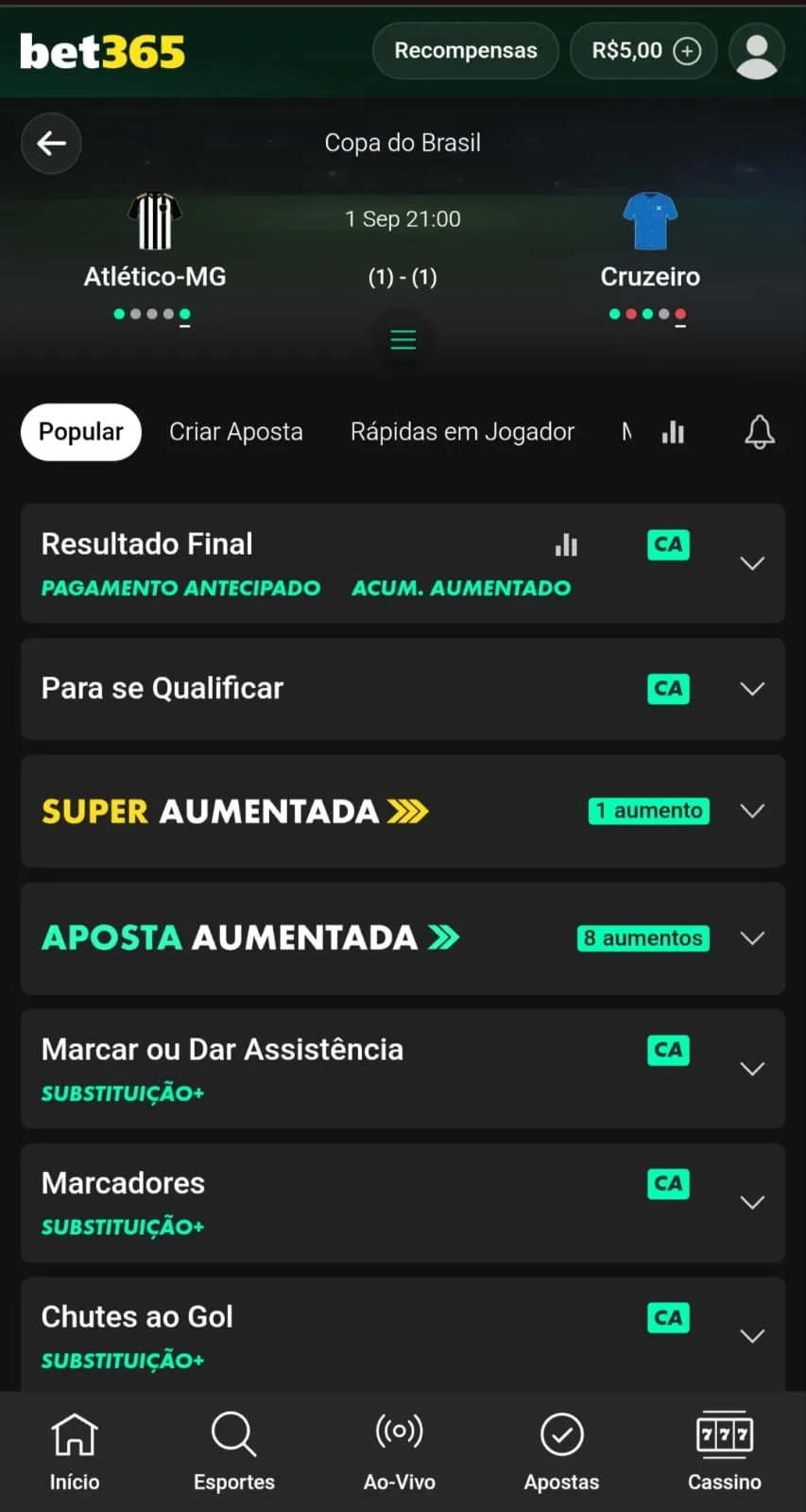Captura de tela da página Atlético-MG x Cruzeiro com mercado Resultado Final (1X2) na bet365