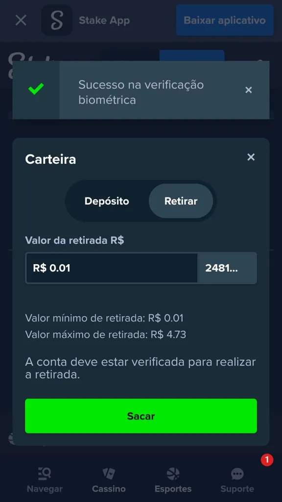 Área de saque da Stake com retiradas a partir de R$ 0,01 até o limite do saldo e confirmação de verificação biométrica,