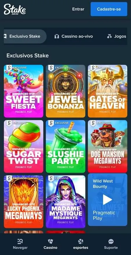 App Stake com jogos exclusivos como Sweet Fiesta, Jewel Bonanza, Gates of Heaven e mais.