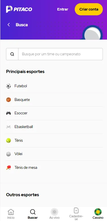 Tela do Pitaco app com a ferramenta de busca por time ou campeonato