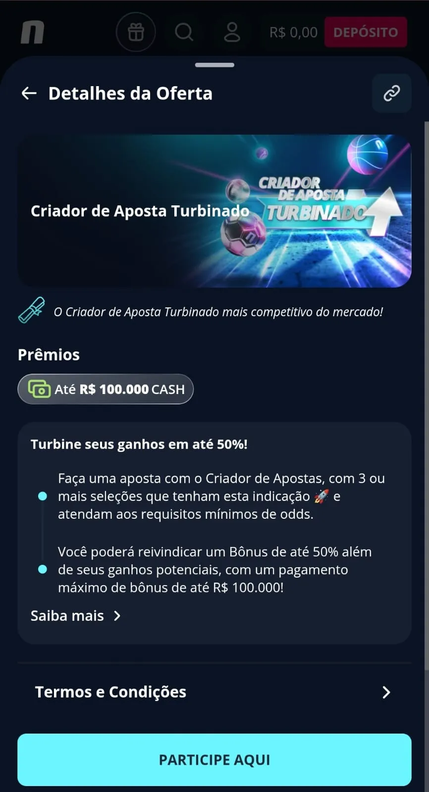 Oferta do Criador de Aposta Turbinada da Novibet com boost de até 50% nos palpites.