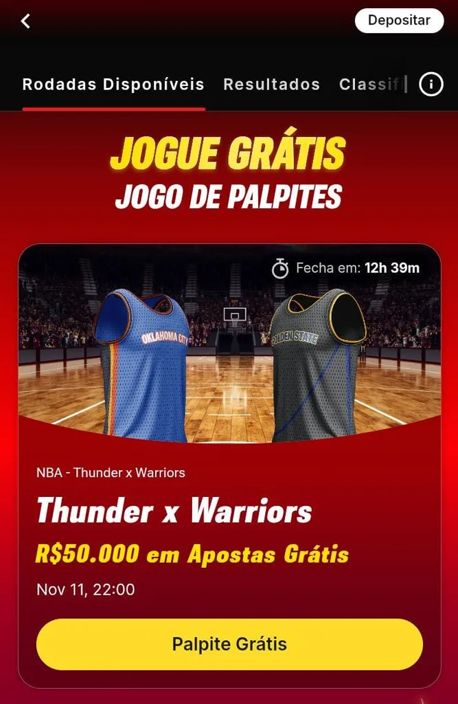 SuperSeis da Superbet, com o jogo Thunder x Warriors, com prêmio de R$50000 em apostas grátis e imagem das camisas dos times