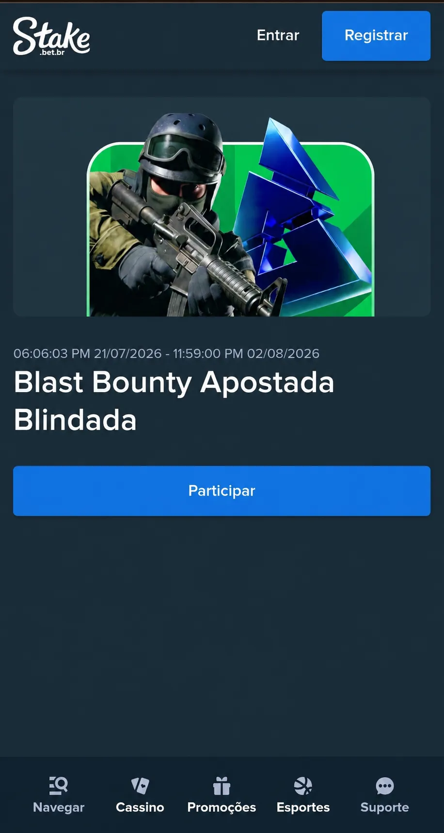 Print da página promocional da Blast Bounty Apostada Blindada na Stake