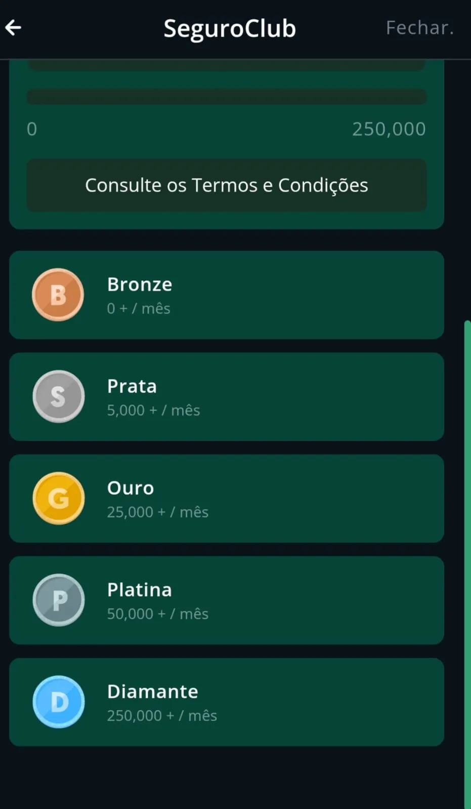 Programa SeguroClub da Segurobet com categorias bronze, prata, ouro, platina e diamante.