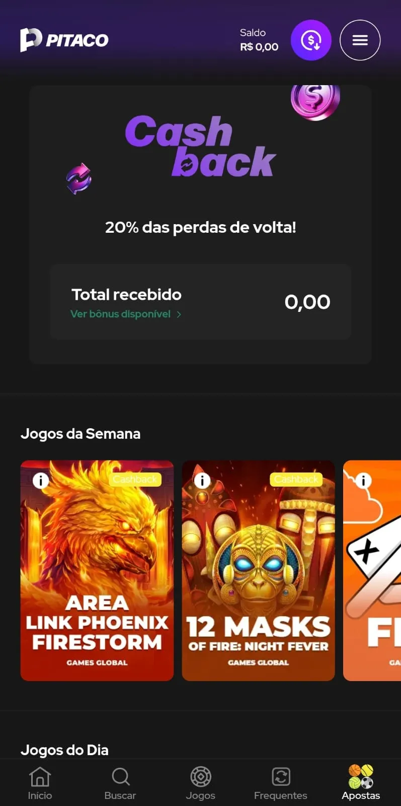 Oferta de 20% de cashback em jogos selecionados da Pitaco