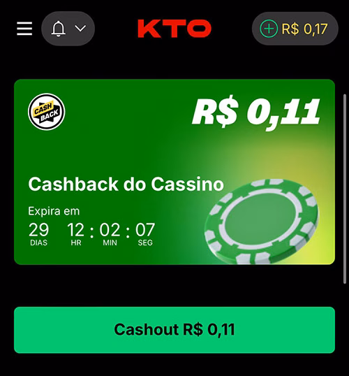 Informe do cashback de cassino de R$0,11 em uma conta ativa da KTO, com botão de cashout