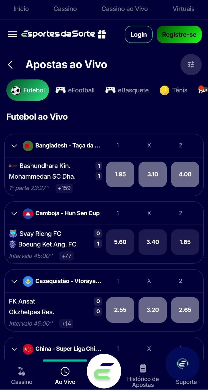Mercados de apostas ao vivo da categoria 1x2 na seção de futebol da Esportes da Sorte, com odds em destaque.