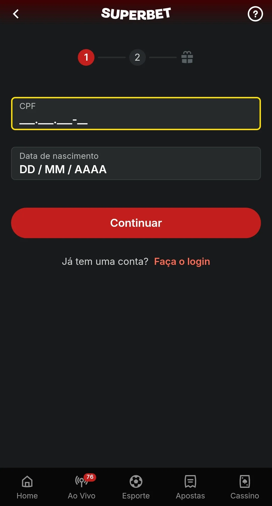 Print da primeira etapa do formulário de cadastro da Superbet.
Data: 03/08/2026
