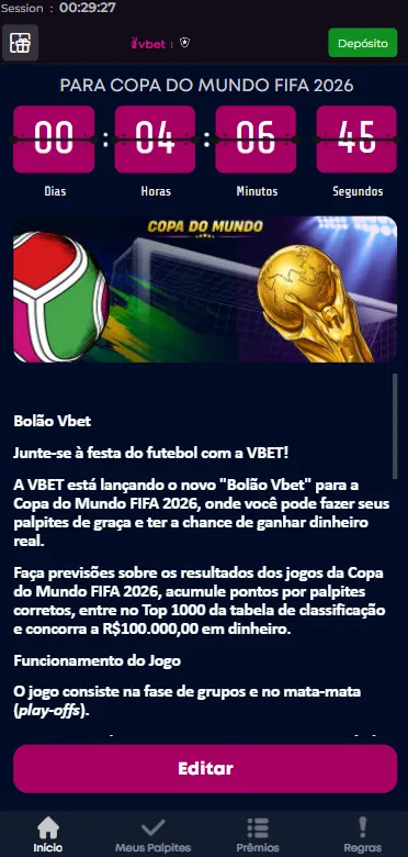 Bolão VBet para a Copa do Mundo 2026 com R$100.000 em prêmios
