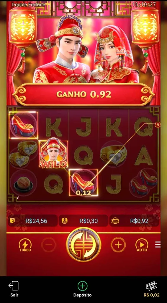  Slot DOuble Fortune da PG Soft na KTO com combinação vencedora e ganho de R$ 0,92 em aposta de R$ 0,30.