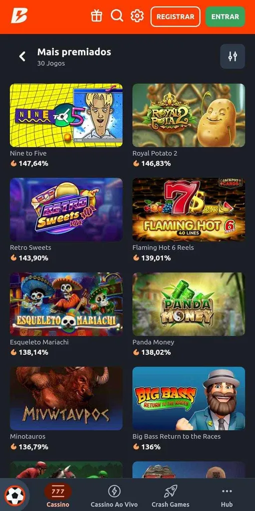 Seção de jogos mais premiados do cassino da Betano com Nine to Five, Royal Potato 2, Flamingo Hot e outros.
