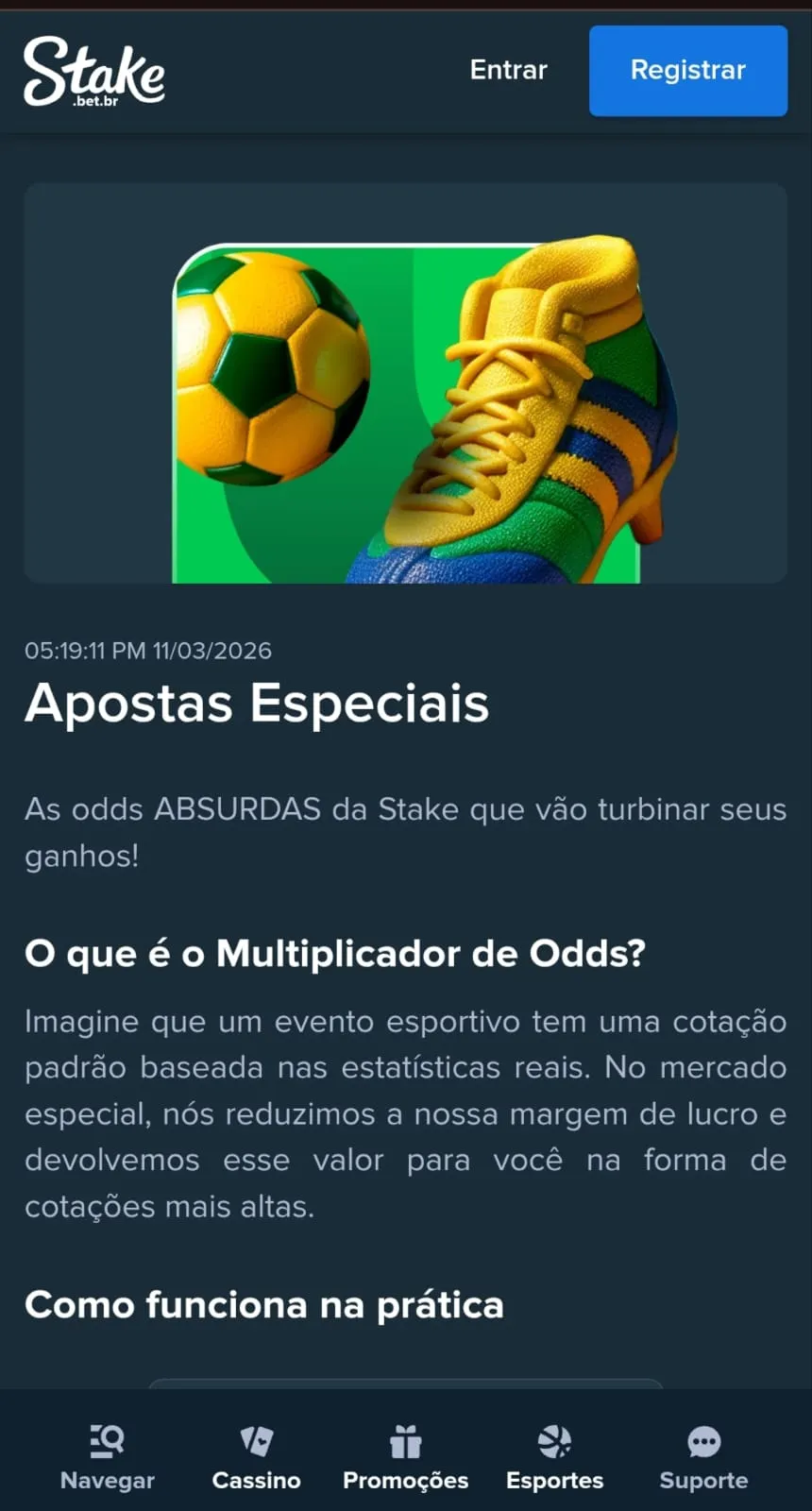 Print da página de "Apostas Especiais" da Stake, com detalhes sobre as odds aumentadas dos mercados exclusivos da casa.