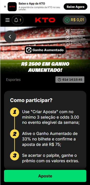 Print da página promocional de Ganho Aumentado na KTO