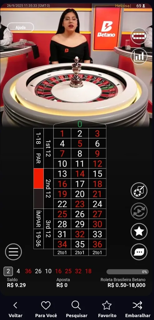 Captura de tela da roleta brasileira Betano