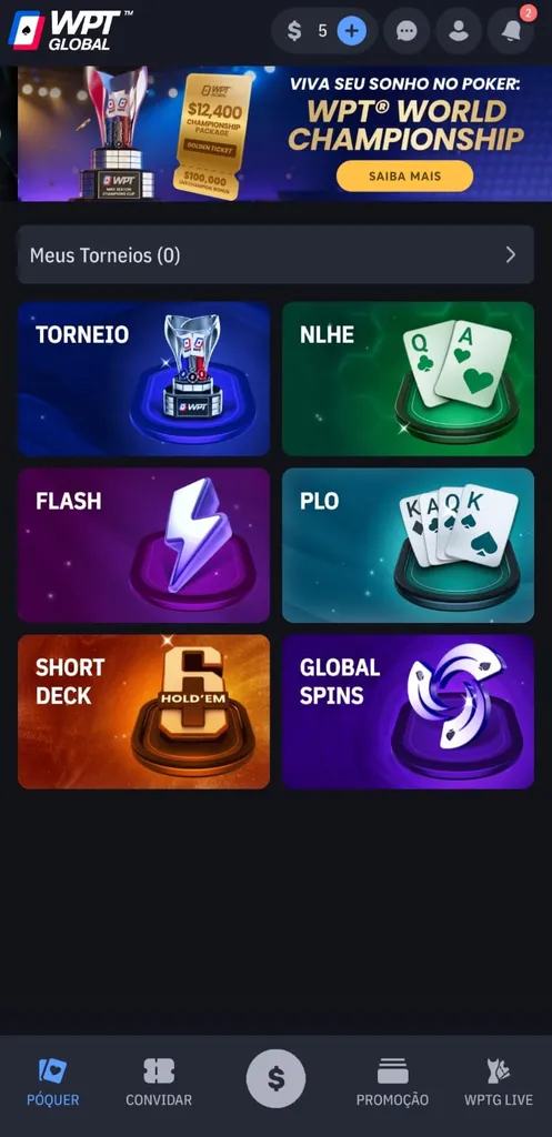 Seções com diferentes variações de poker online na WPTGlobal