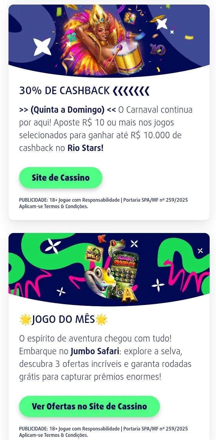 Oferta de 30% de cashback, com uma mulher com fantasia de carnaval no banner, e jogo do mês, com uma cobra no banner