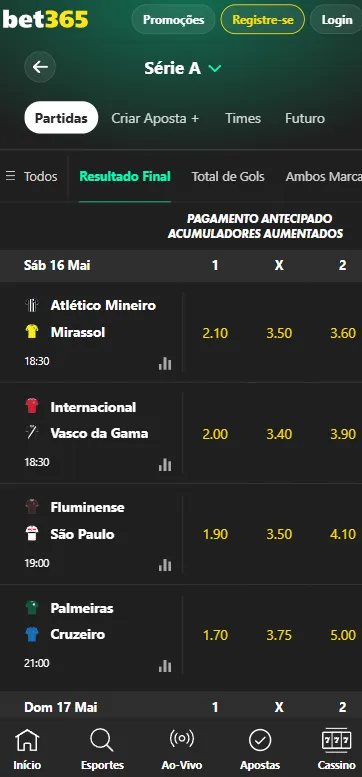 Apostas no Brasileirão na Bet365 com mercados para partidas como Atlético-MG x Mirassol e Internacional x Vasco