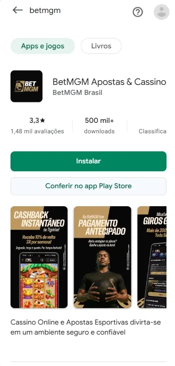 Aplicativo BetMGM Apostas e Cassino disponível para download na Google Play Store
