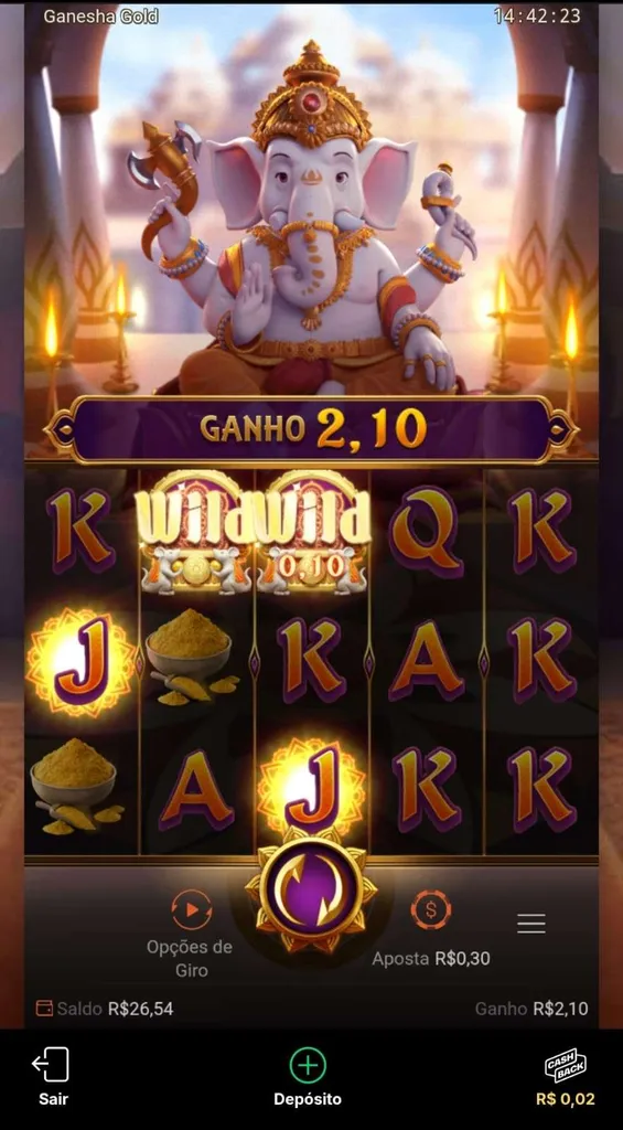 SLot Ganesha Gold da PG Soft na KTO com combinação vencedora e ganho de R$ 2,10 em aposta de R$ 0,40.