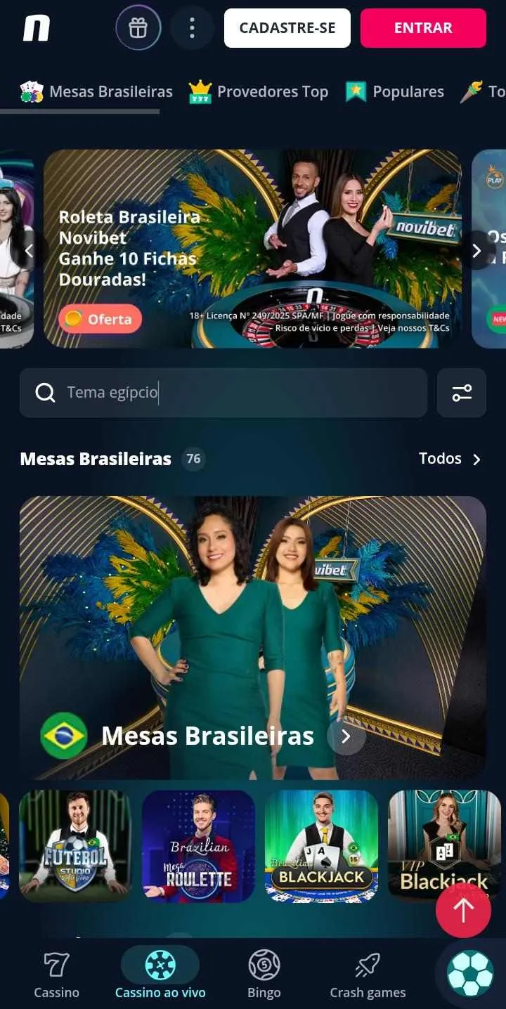 Seleção de 76 mesas brasileiras ao vivo da Novibet, incluindo o Futebol Studio, e banner da oferta de Fichas Douradas