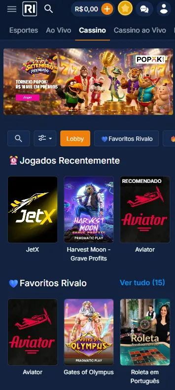 Cassino Rivalo com banner para o Torneio de Setembro da PopOK e jogos em destaque como Aviator