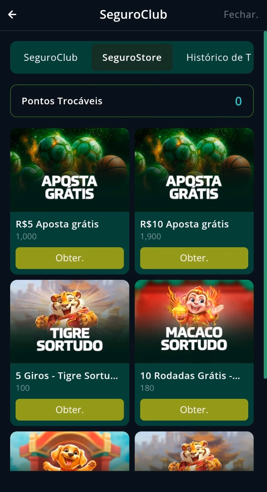 Loja de prêmios da Segurobet, com diferentes ofertas para esportes e cassino, com destaque para o valor do bônus.