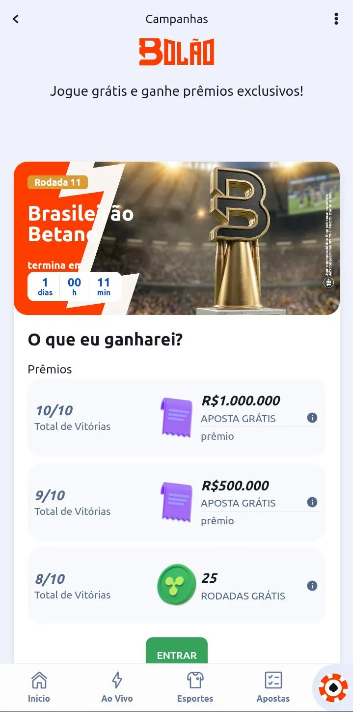 Bolão Brasileirão Betano, com prêmio de R$ 1 milhão em apostas grátis para 10 vitórias, R$ 500 mil para 9 vitórias e 25 rodadas grátis para 8 vitórias
