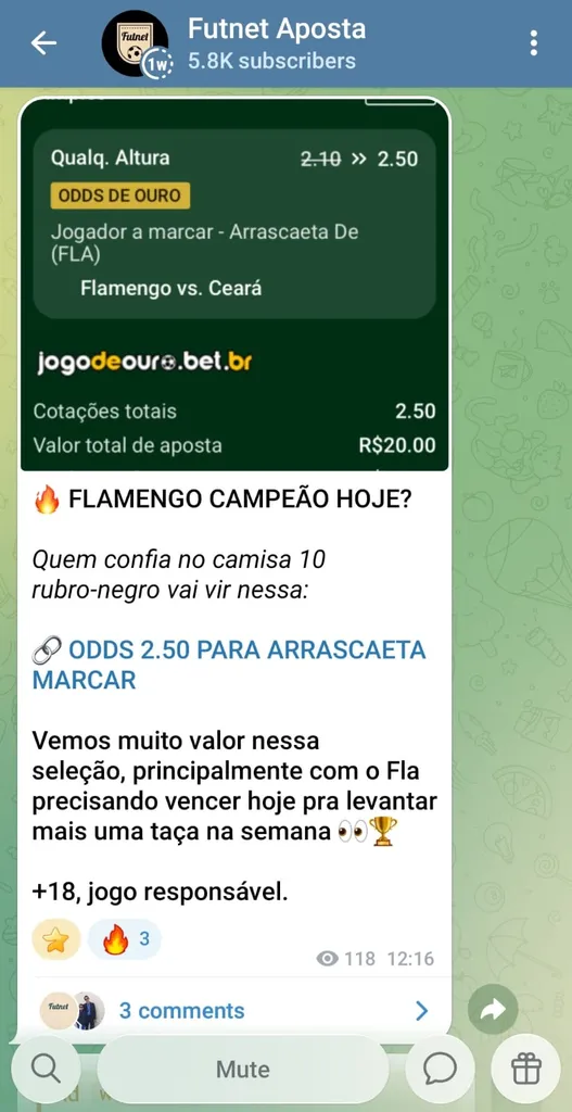 Dica no grupo de apostas Futbet FC no Telegram para o jogo Flamengo x Ceará com odds para jogador marcar.