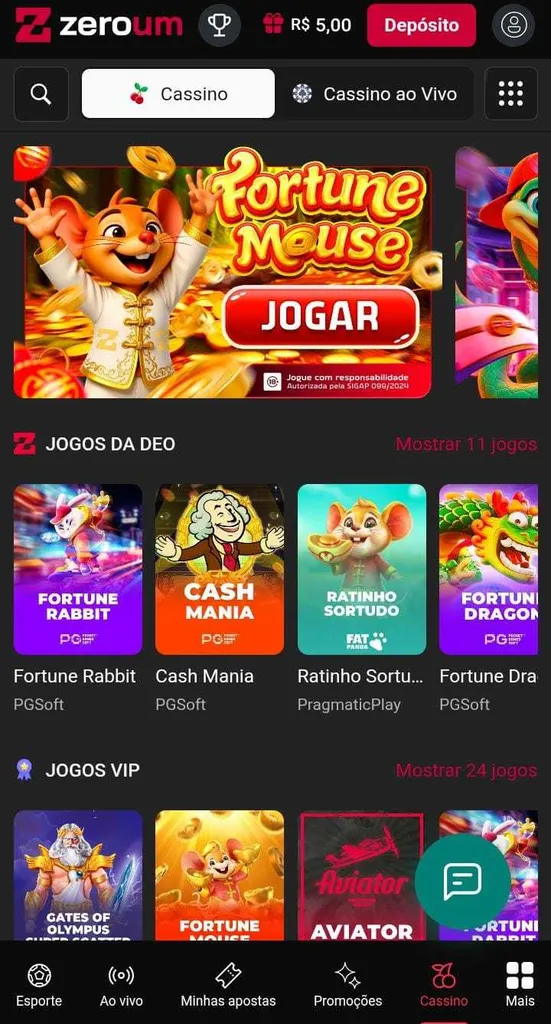 Jogos de cassino da ZeroUm, com destaque para o Fortune Mouse e botão de Jogar