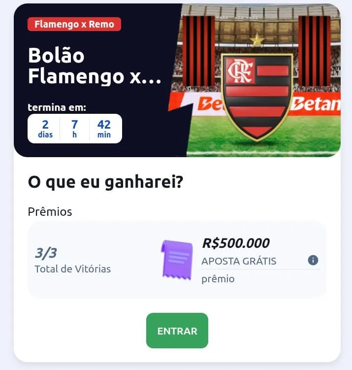 Bolão do Flamengo da Betano, com prêmio de R$500.000 em apostas grátis e botão de Entrar