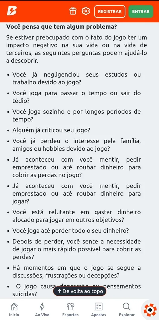 Seção de jogo responsável da Betano com uma série de questões para identificar problemas com apostas.