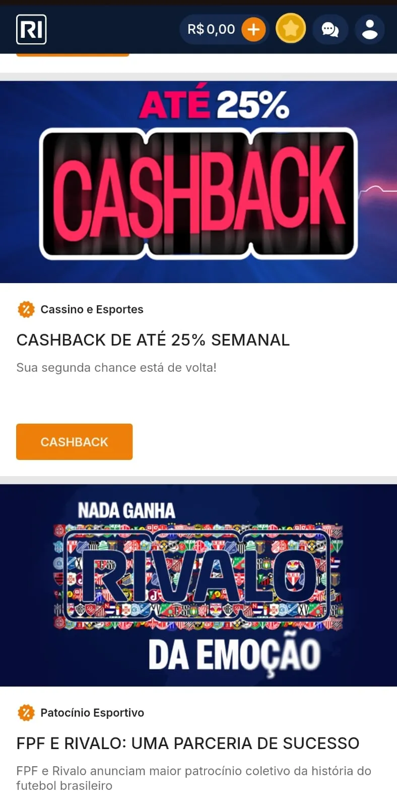 Promoção de cashback semanal de até 25% para jogadores VIP da Rivalo.