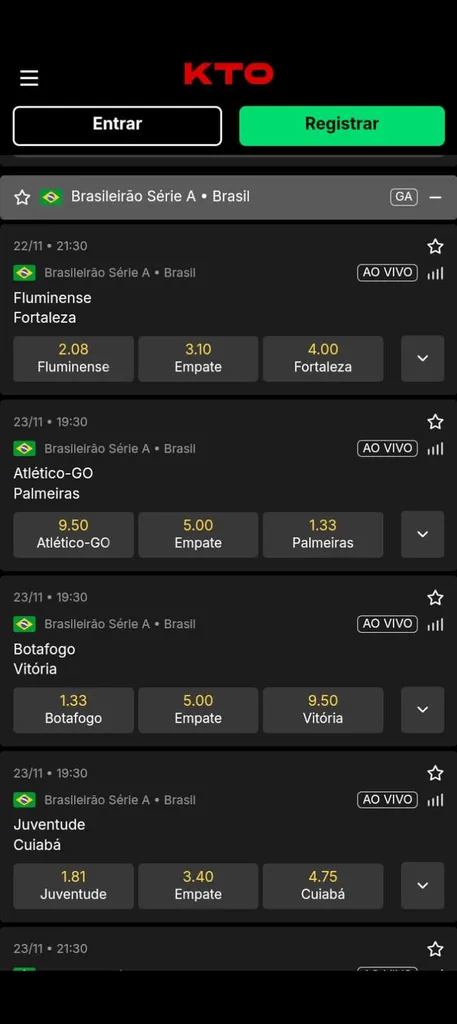 Tela de esportes da KTO