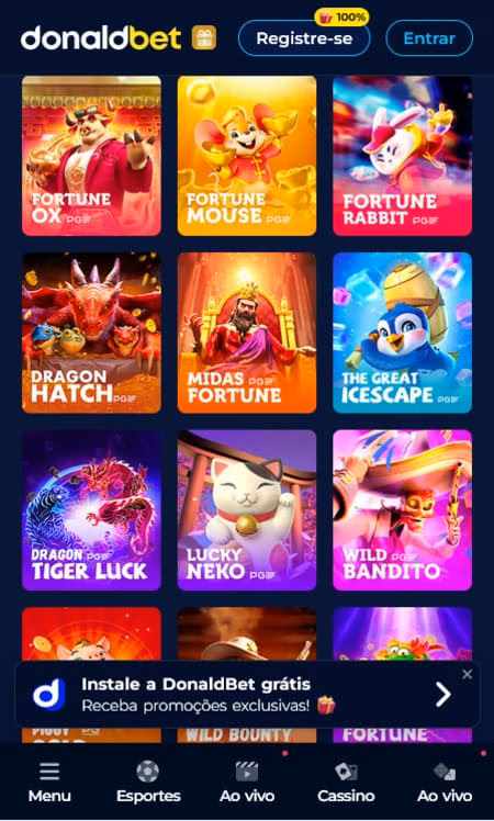 Interface da DonaldBet com slots populares como Dragon Hatch, Fortune Mouse e The Great Icescape.
