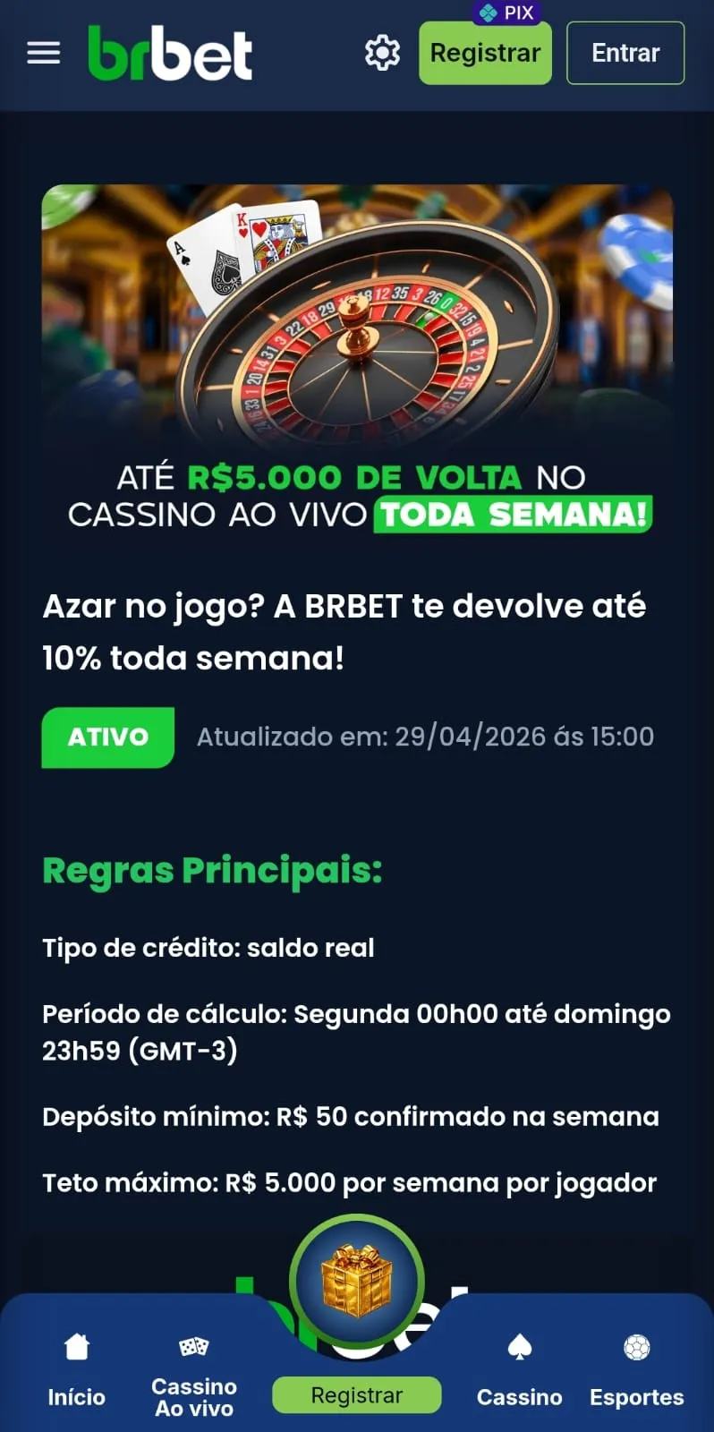 Oferta de 10% de cashback em jogos de cassino ao vivo da Brbet, com banner promocional e regras principais