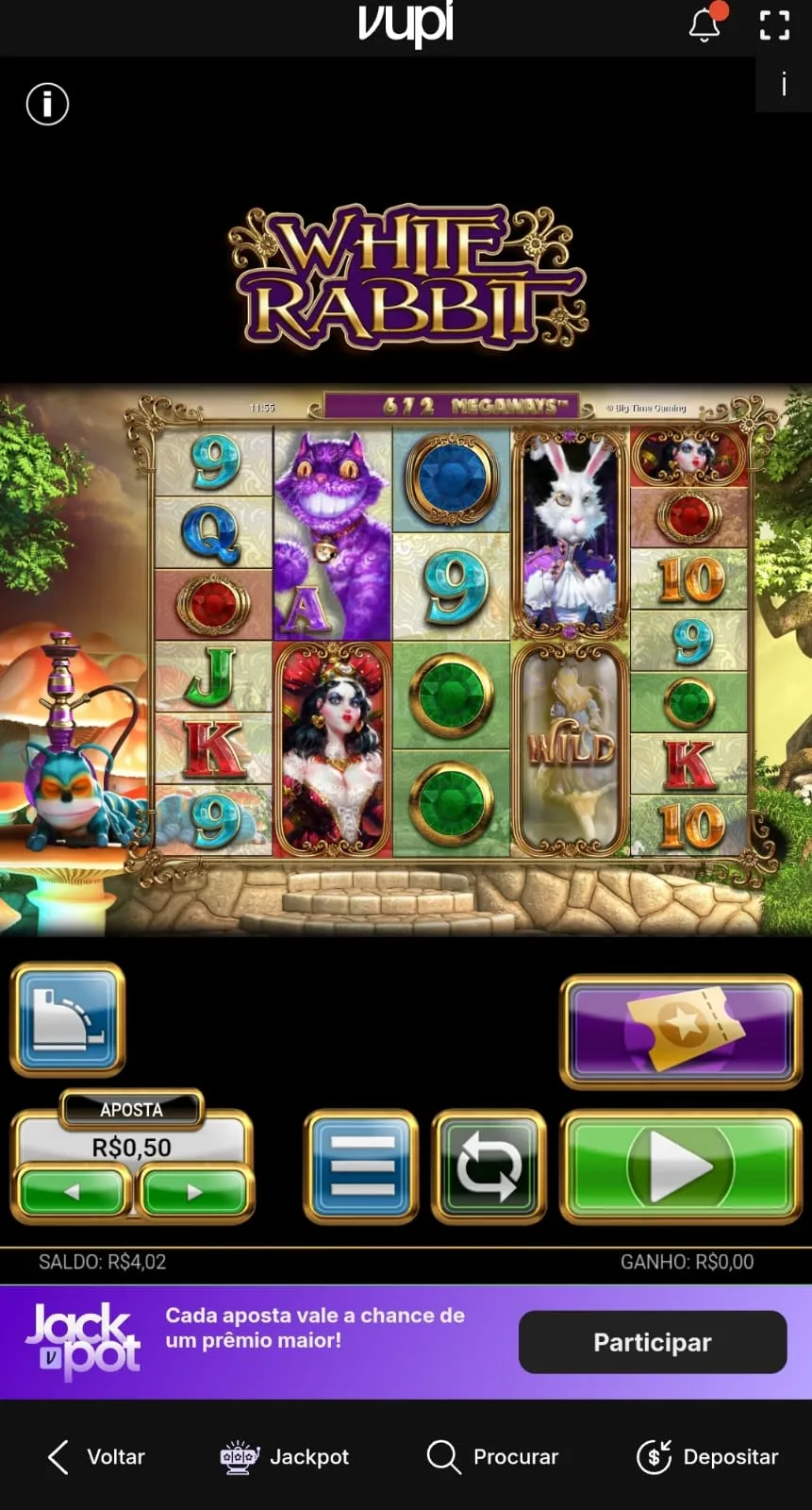Diferentes figuras na grade com mecânica Megaways do slot White Rabbit Megaways