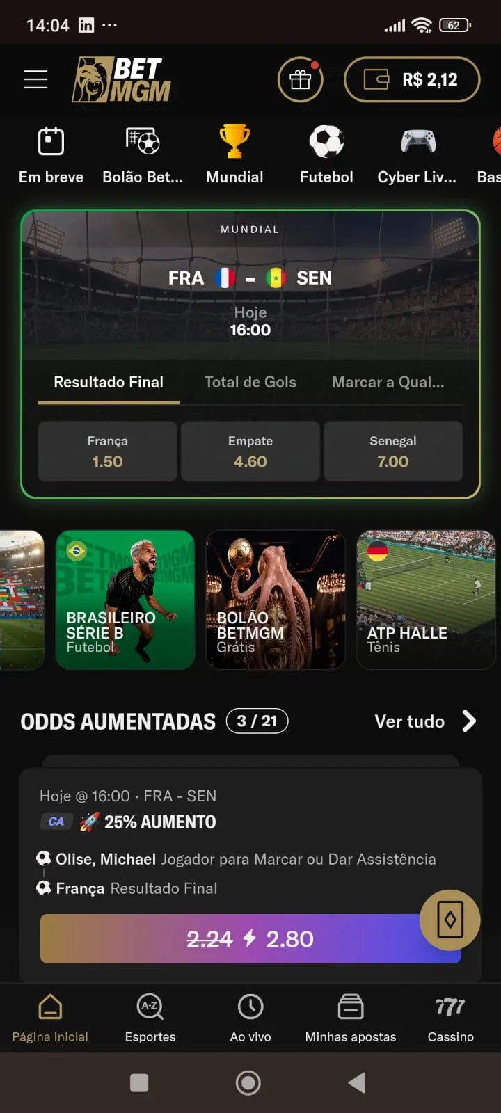 Boosts especiais com odds aumentadas em 25% da BetMGM, disponível para a partida entre França x Senegal.