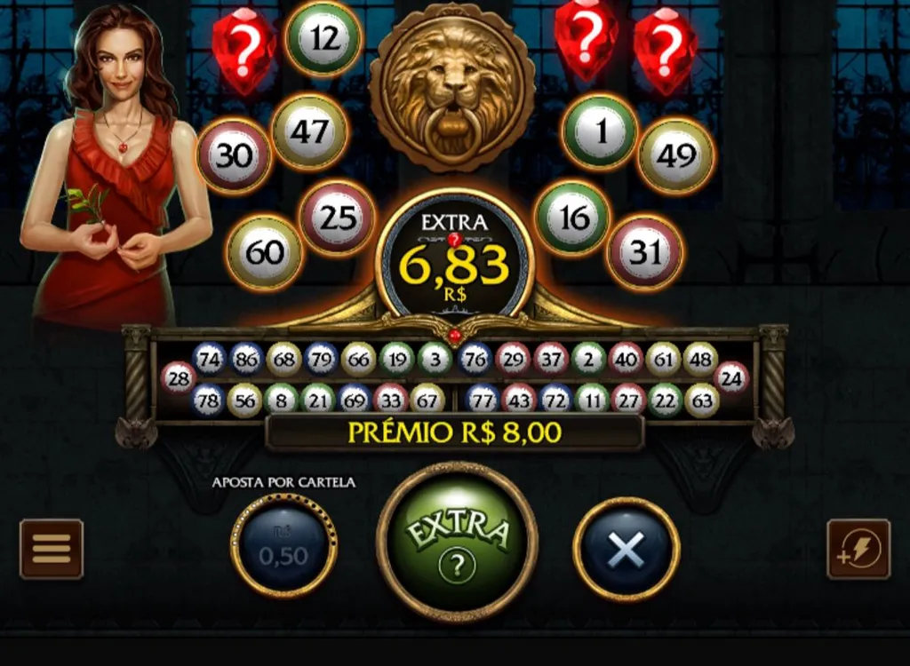 Jogo de bingo online com bolas sorteadas gerando prêmio de R$ 8 e cada bola extra a R$ 6,83.