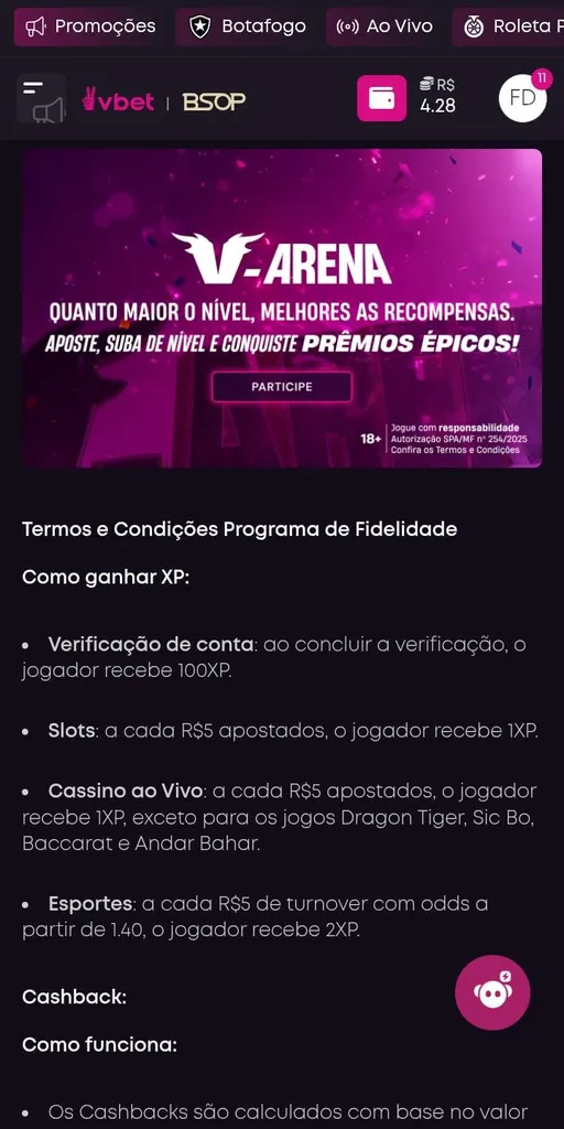 Termos e Condições do Programa de Fidelidade V-Arena com explicações de como ganhar XP