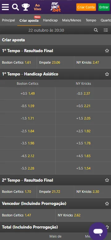 Criar Aposta na NBA na MrJack.Bet