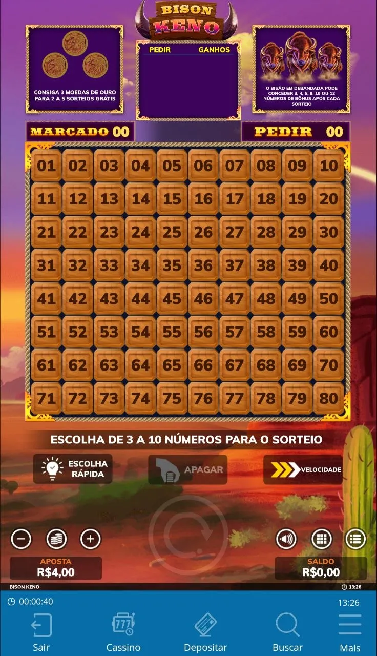  Jogo Bison Keno na Sportingbet com aposta a partir de R$0,40
