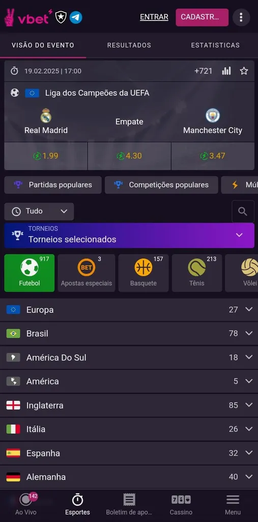 Seção de esportes da Vbet com lista de competições e destaque para jogo da Liga dos Campeões.