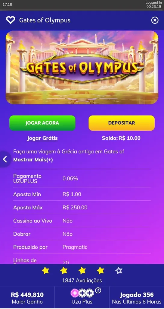 Informações do slot Gates of Olympus na PlayUZU com opções de jogar agora, jogar grátis e botão de depósito.