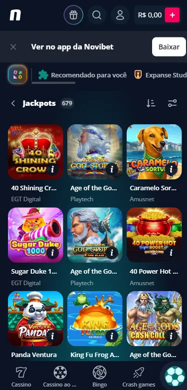 Ícones de 679 jogos de jackpots da Novibet, incluindo 40 Shinning Crown, Age of the Gods: God of Storm e Caramelo Sortudo