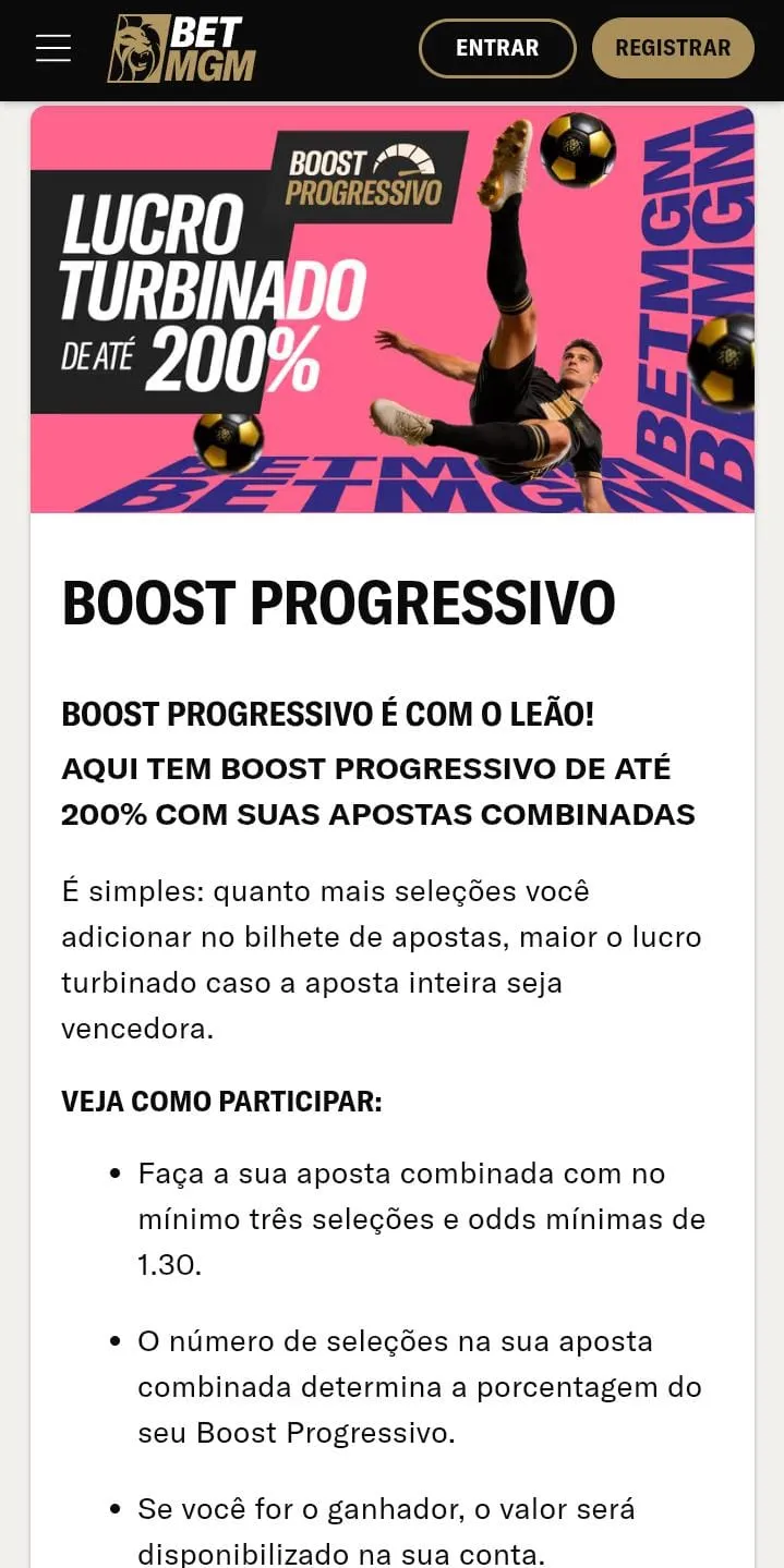 Oferta de Lucro Turbinado de até 200% na BetMGM, com jogador dando uma bicicleta no banner e texto explicativo da oferta