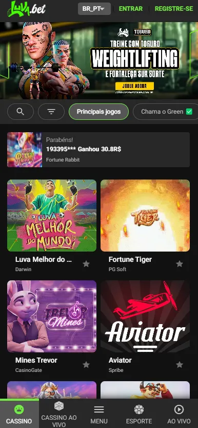 Banner do jogo Weightlifting e ícones de 4 jogos da Luva.bet, como Luve Melhor do Mundo e Fortune Tiger
