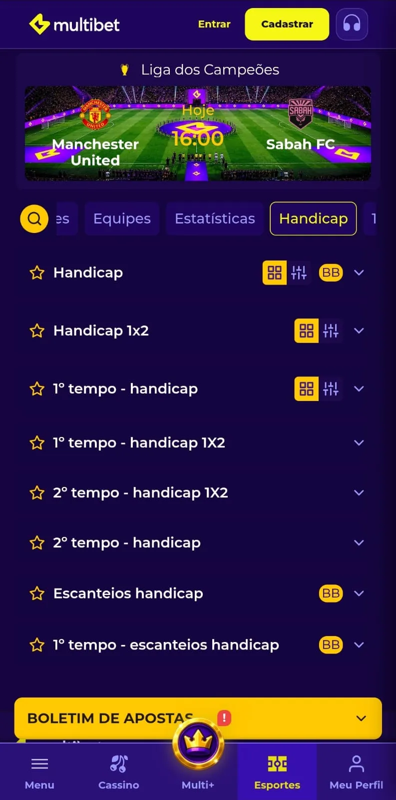 Opções de aposta em Handicap na Multibet para uma partida entre Manchester United x Sabah FC